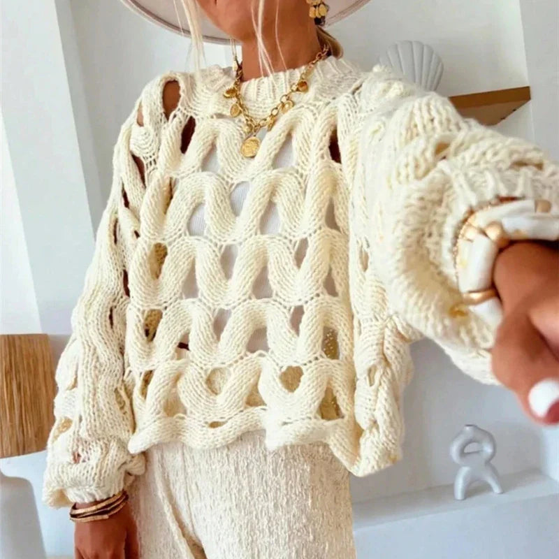 Casual Long Sleeved Hollowed Out Knitted Sweater