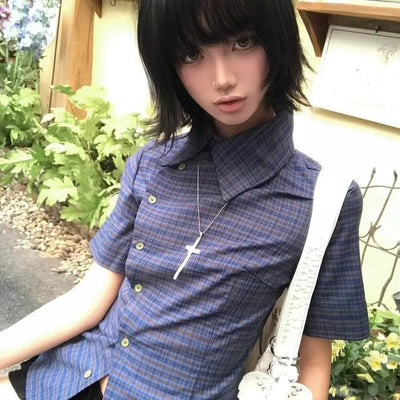 Y2K Plaid Asymmetrical Short Sleeve Shirt