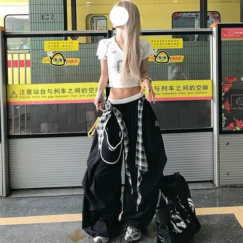 Black Plaid Wide Leg Cargo Pants
