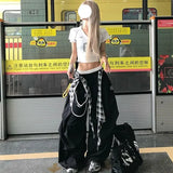 Black Plaid Wide Leg Cargo Pants