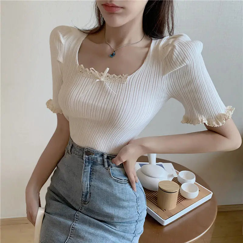 Soft & Spicy Girl Square Neck Lace Blouse
