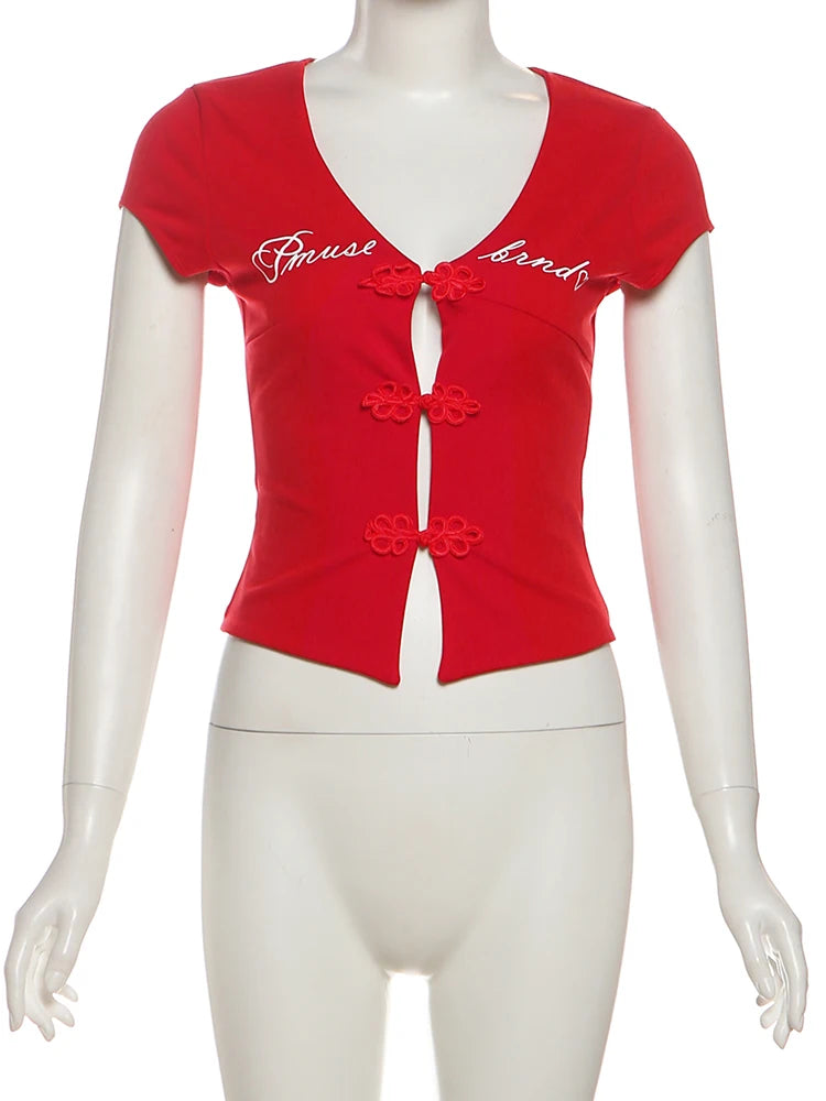 Baddie Core Red Frog Button Top