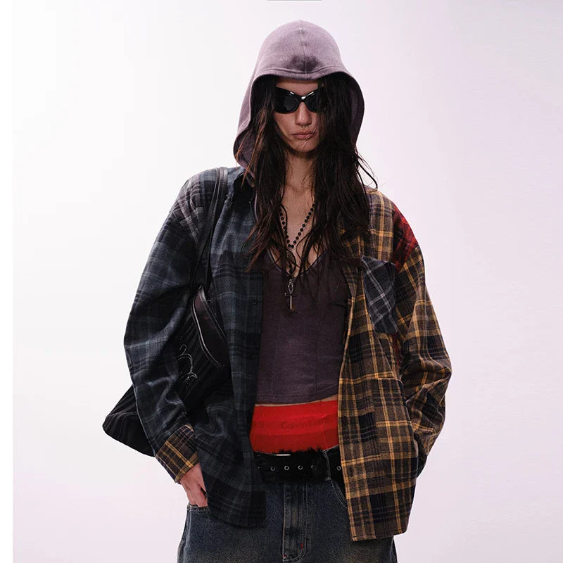 Long Sleeve Patchwork Plaid Retro Shirt