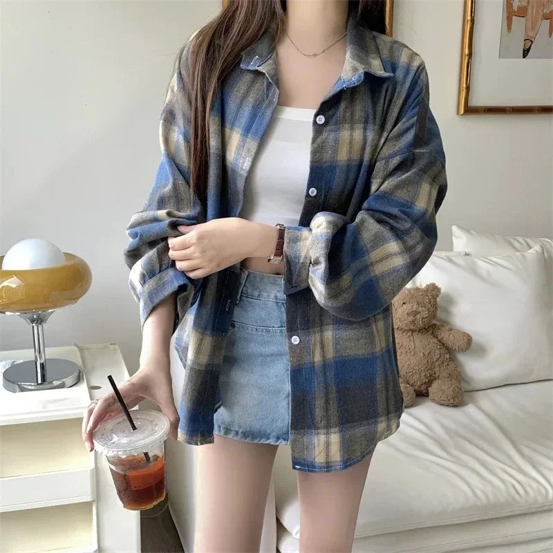 Oversized-Tartan-Jacken-T-Shirt mit Kragen