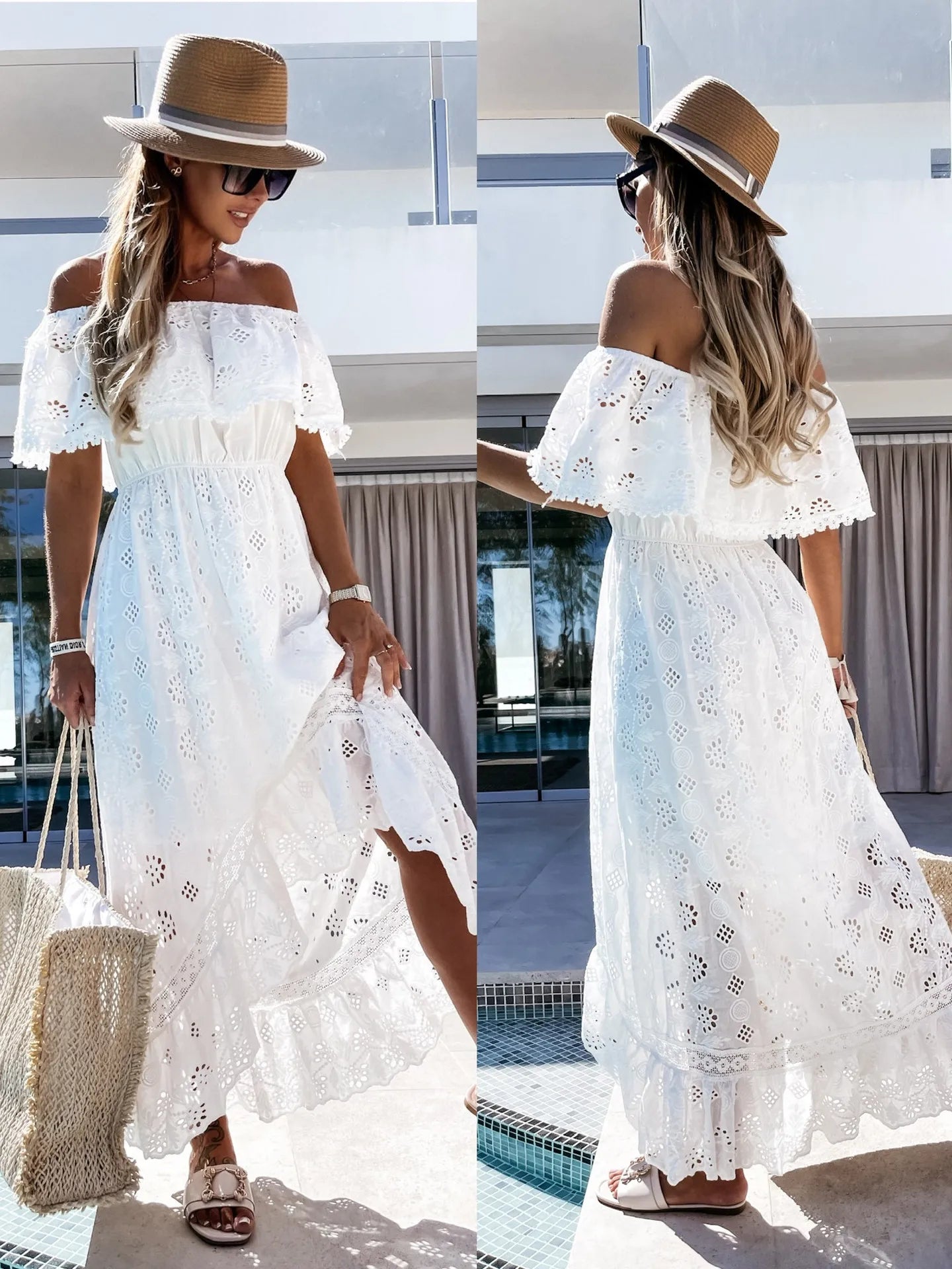 Women's Summer Beach White Boho Maxi Dress