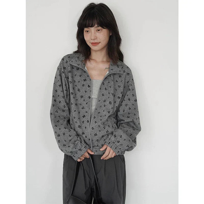 Graues Sweatshirt mit Blumenmuster und Reißverschluss
