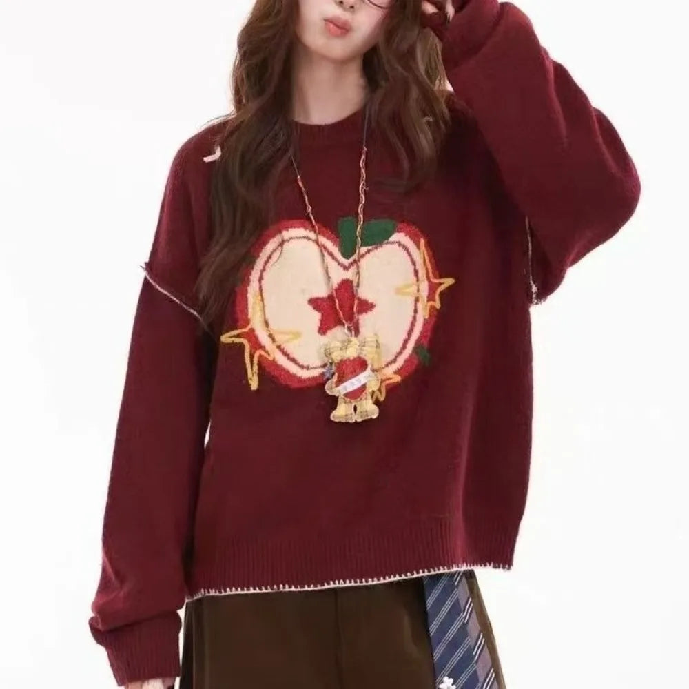 Apple Print Jacquard Knit Sweater