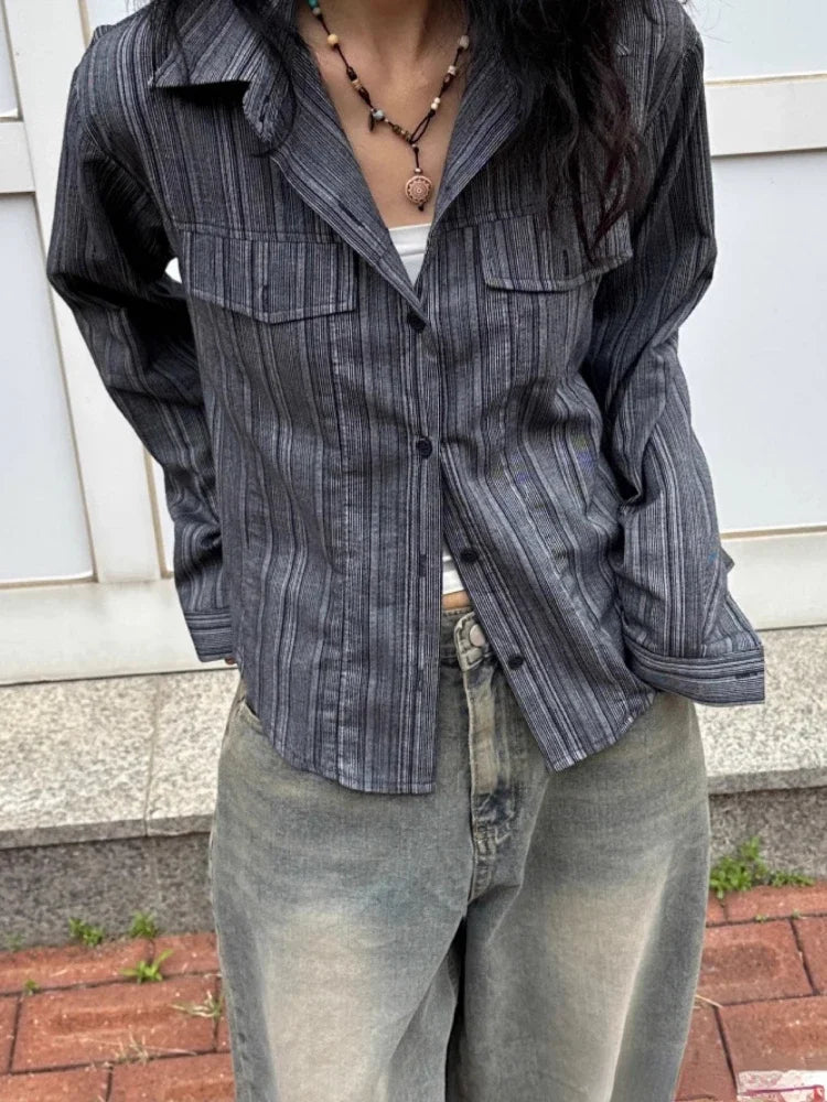 Camisa rayada estilo coreano Y2K