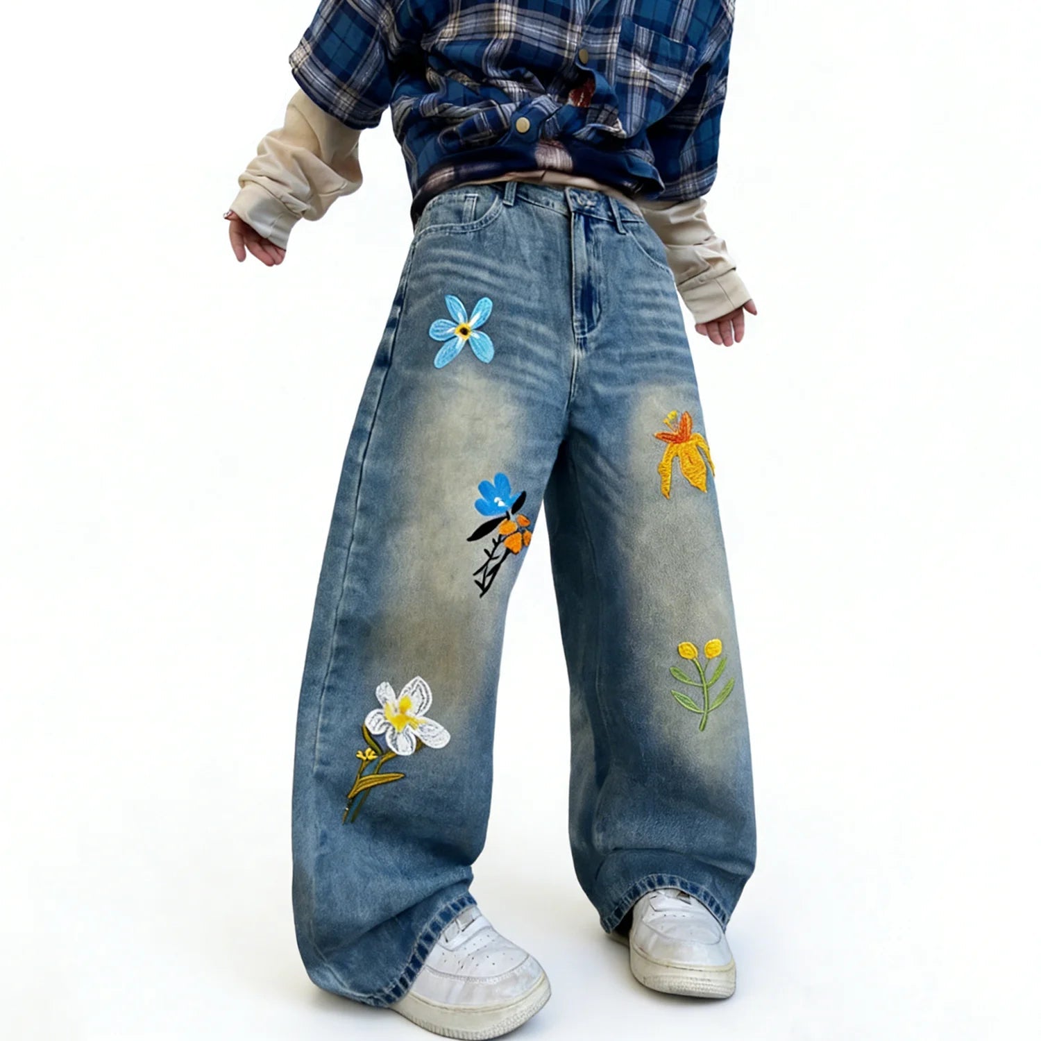 Embroidery Flower Straight Leg Jeans