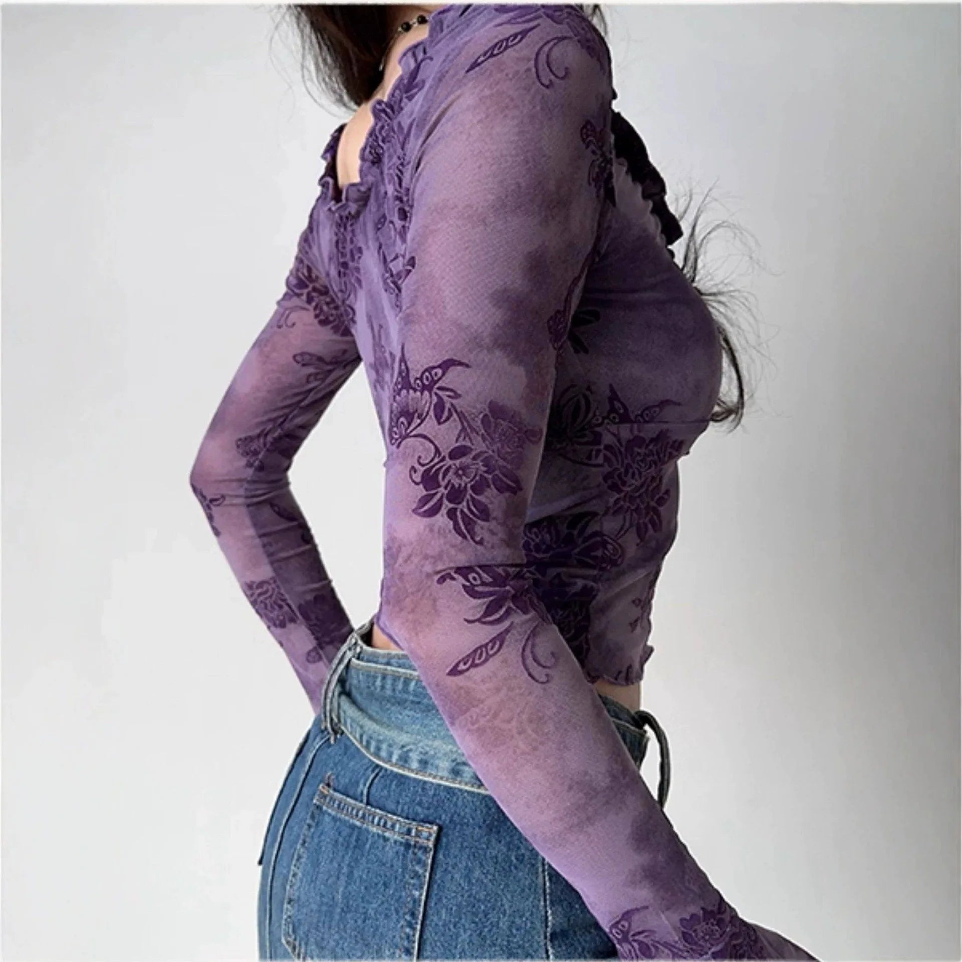 Y2K Floral Purple Blouse