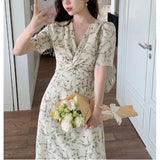 Green Floral V-neck Chiffon Midi Dress
