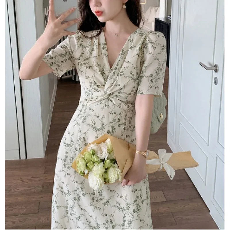 Green Floral V-neck Chiffon Midi Dress