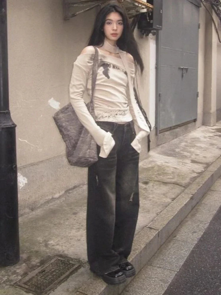 Y2K Slash Neck Grunge Long Sleeve Top