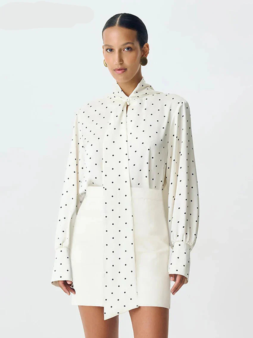 Polka Dot Bow Collar Long Sleeve Blouse