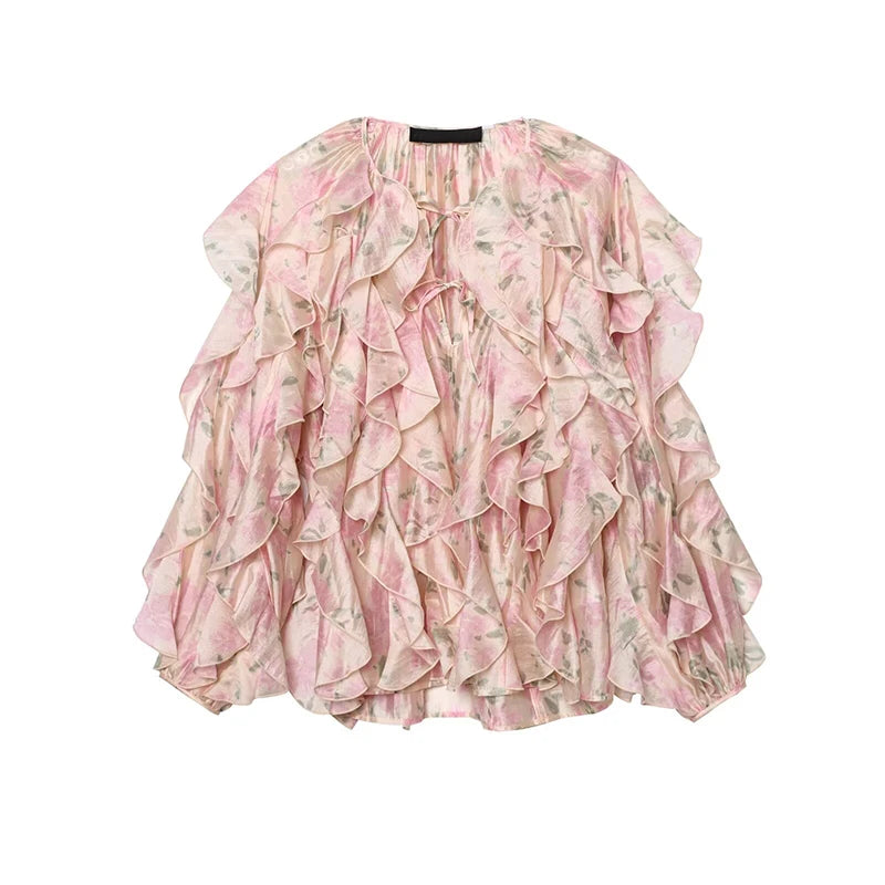 Elegant Floral Print Chiffon Pink Blouse