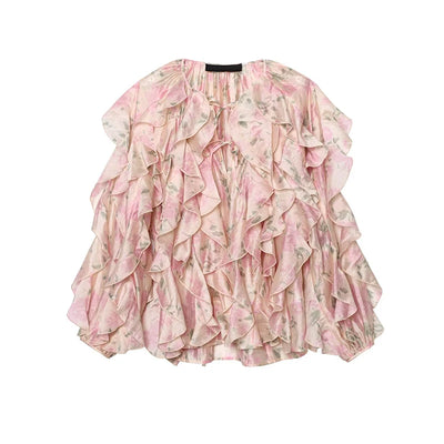 Elegant Floral Print Chiffon Pink Blouse