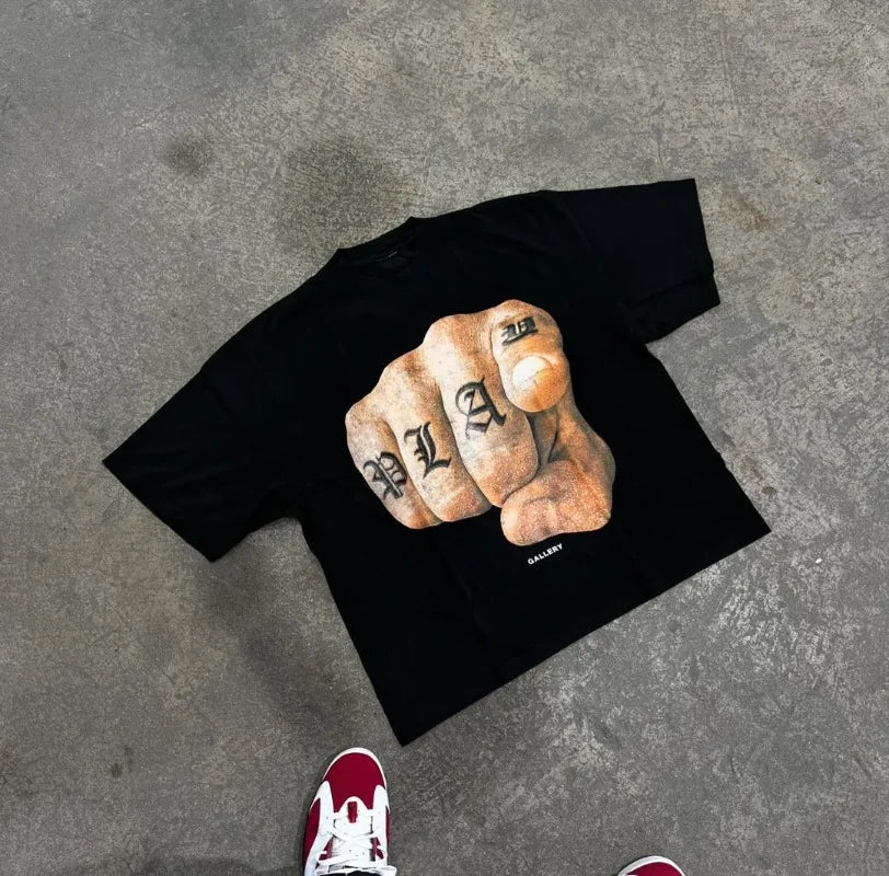 Oversized Gothic Print Baumwoll-T-Shirt