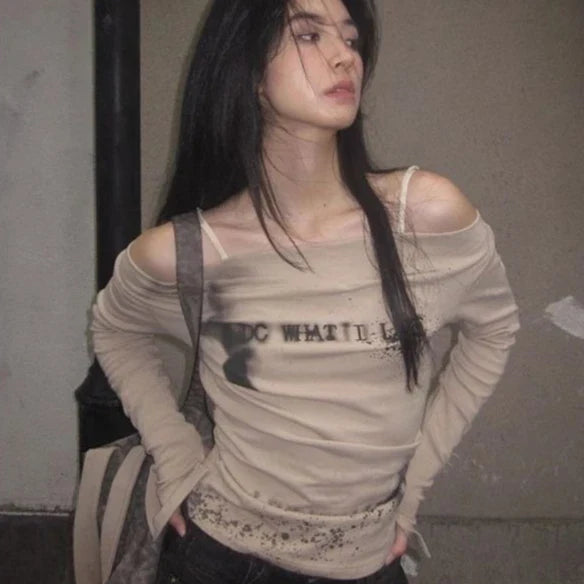 Y2K Slash Neck Grunge Long Sleeve Top