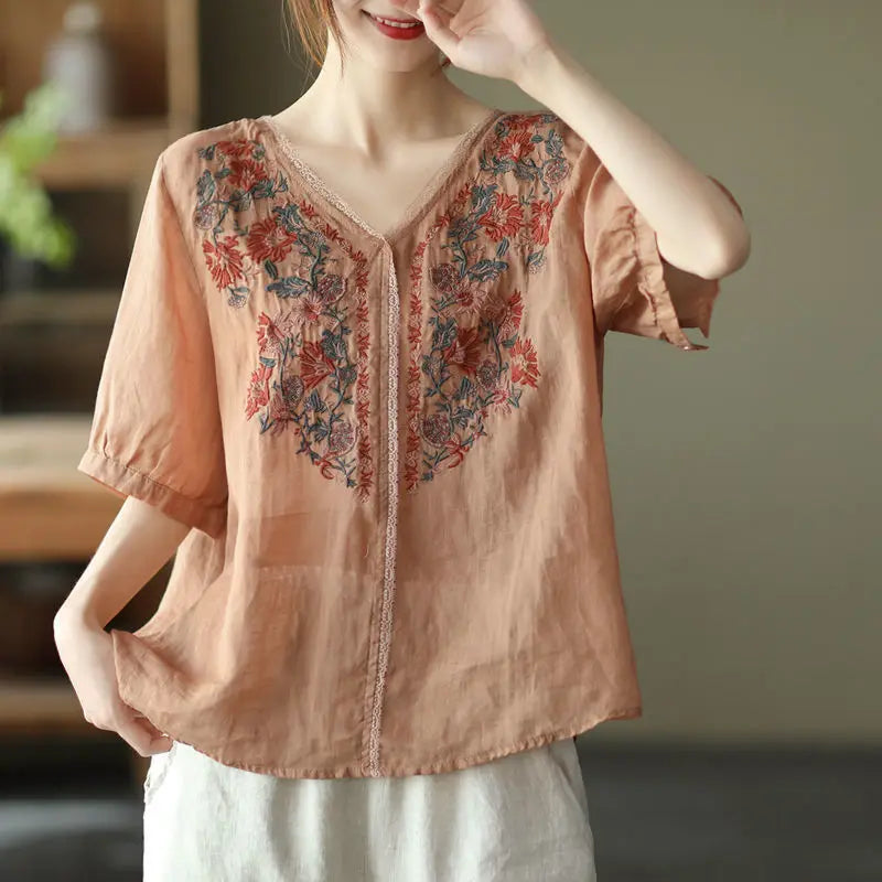 Vintage Embroidered V-Neck Floral T-Shirt