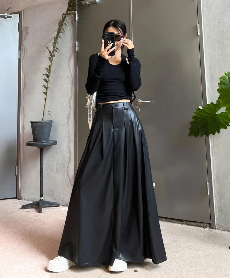 Luxury Long Pleated Black Leather Maxi Skirt