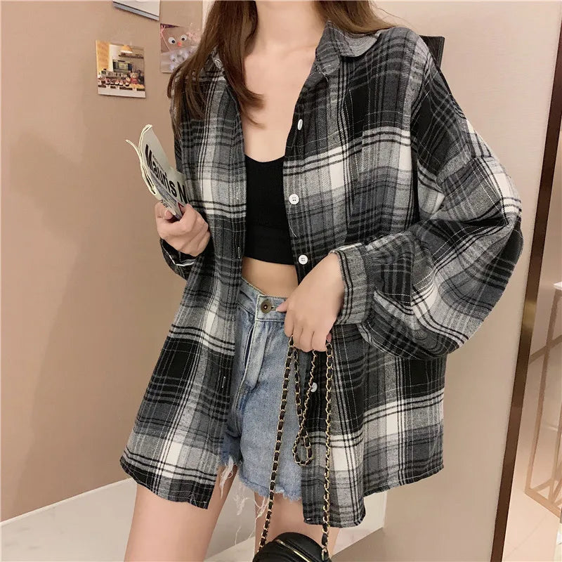 Oversized-Tartan-Jacken-T-Shirt mit Kragen