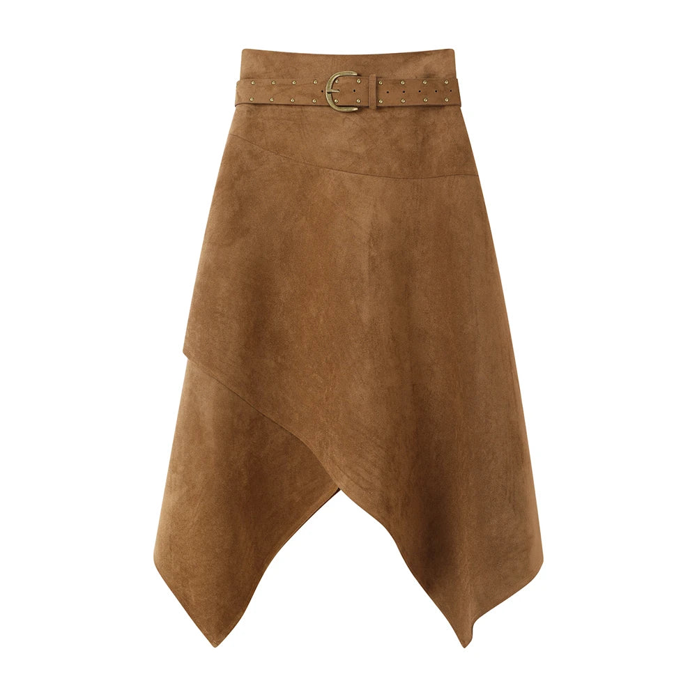 2000s Suede Midi Irregular Skirt With Belt