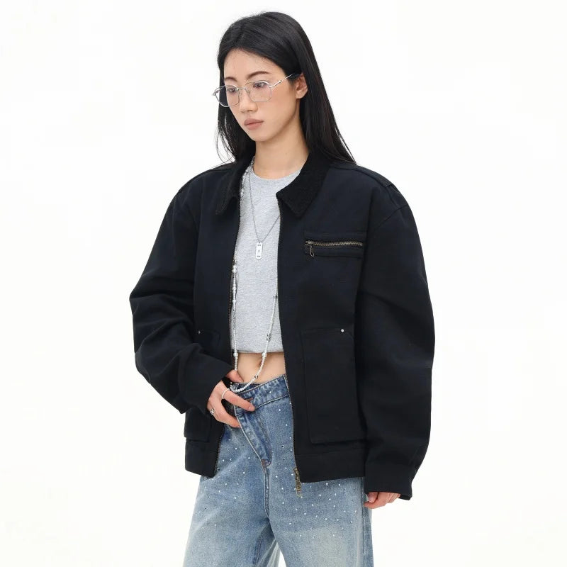 Boxy Black Cotton Varsity Jacket
