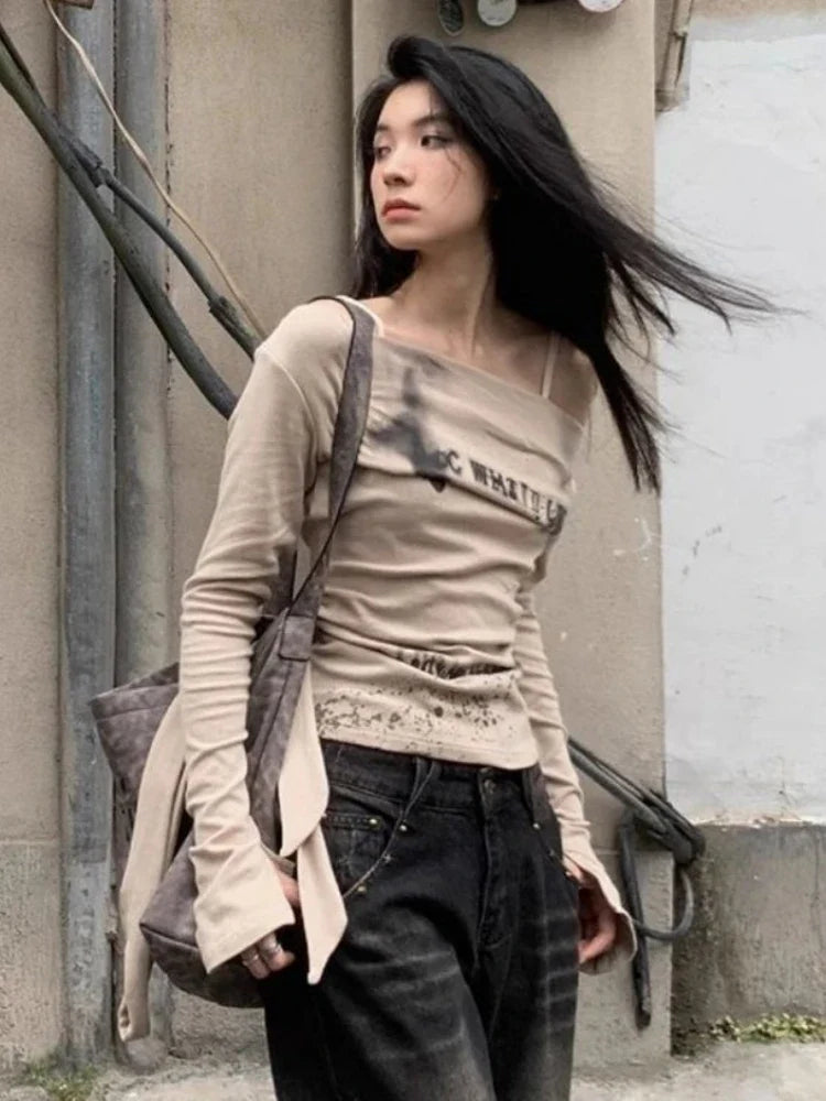 Y2K Slash Neck Grunge Long Sleeve Top