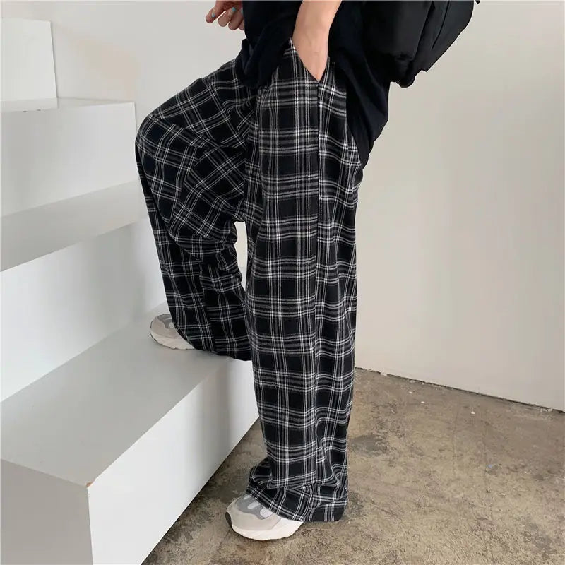 Oversized Black Pink Plaid High Pants
