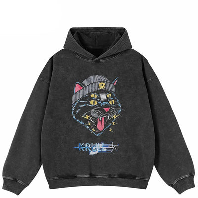 Sudadera con capucha negra desgastada con gráfico de gato