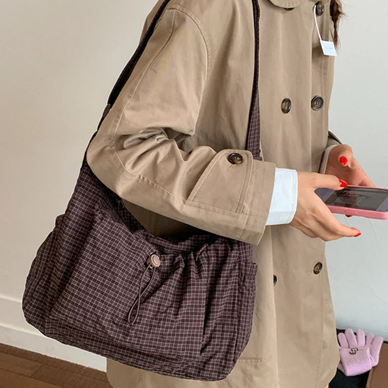 Korean Plaid Zipper Pleated Shoulder Bag