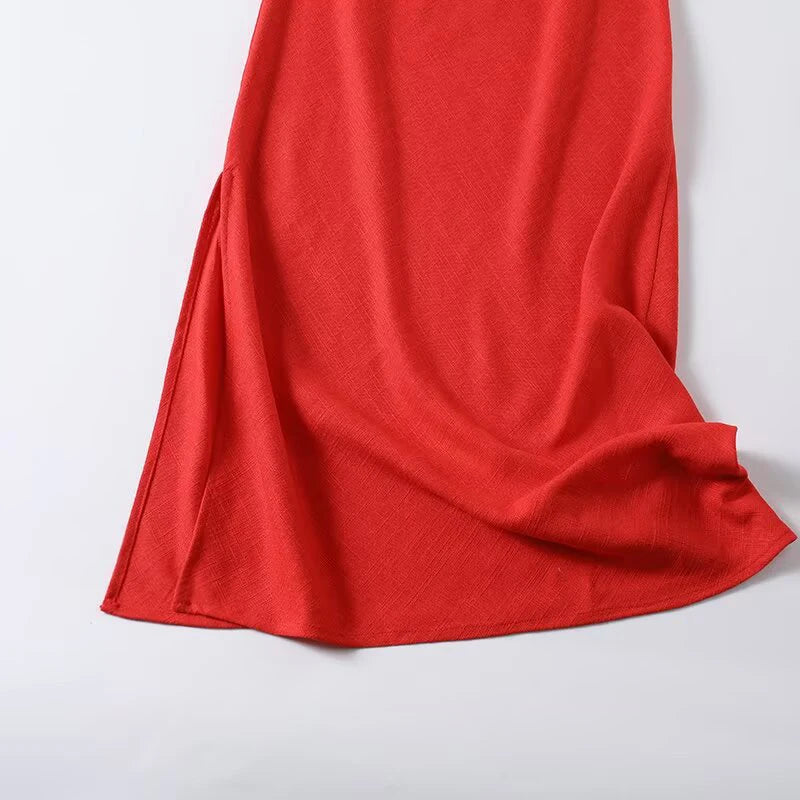 Sexy Red Spaghetti Strap Linen Maxi Dress