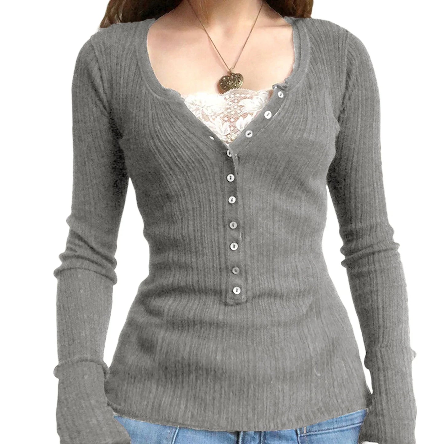 Grunge V-neck Button Long Sleeve Top