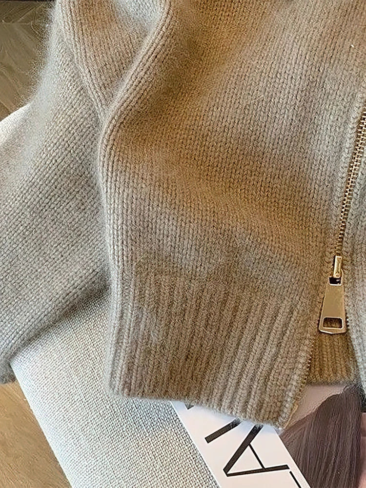 Zipper Knitted Leather Collar Fuzzy Jacket