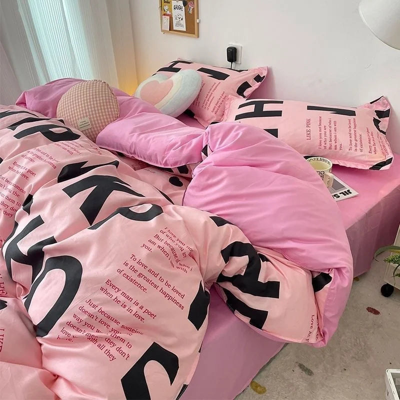 Korean Pink Letter Bedding Set