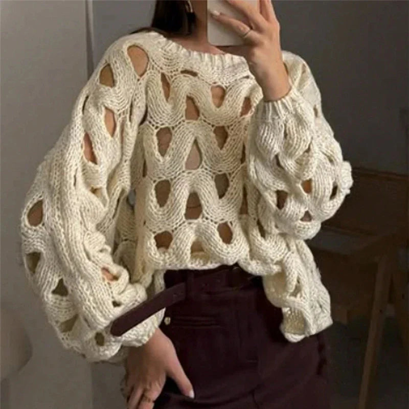 Casual Long Sleeved Hollowed Out Knitted Sweater