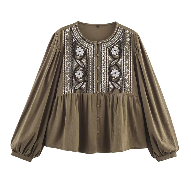 Floral Embroidery Vintage Casual Women Shirt