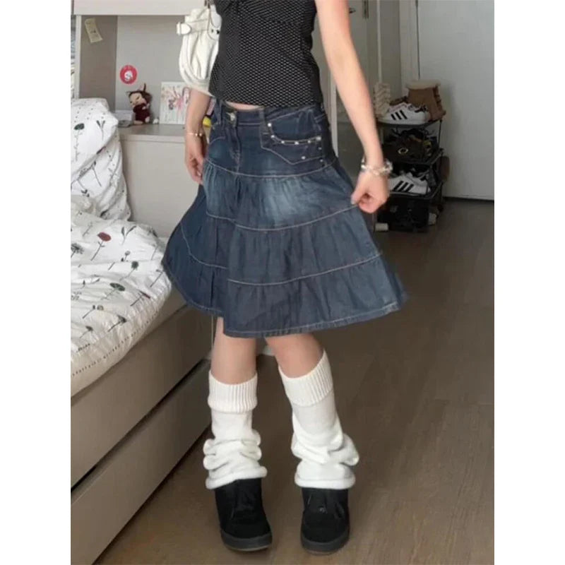 Vintage Pleated Denim Midi Skirt