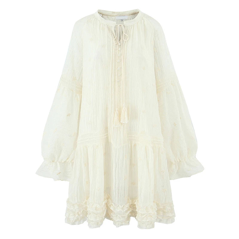 Floral Embroidery Short Dresses Casual Long Sleeve