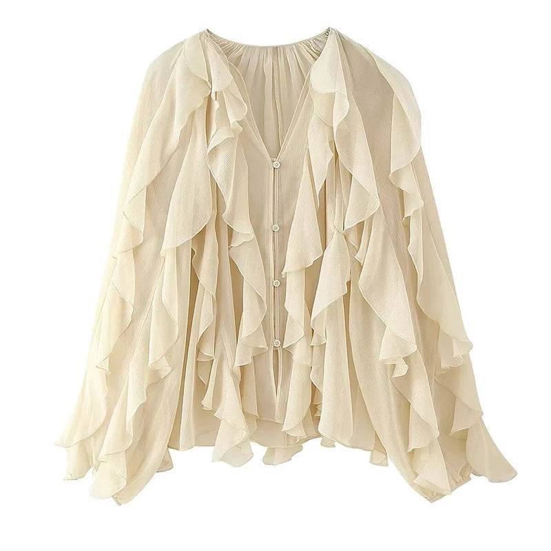 Sexy Semi-sheer Ruffle Women Shirt