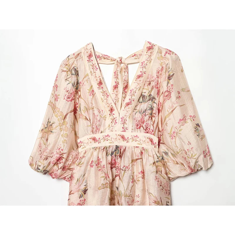 Vintage V Neck Floral Print Short Dress