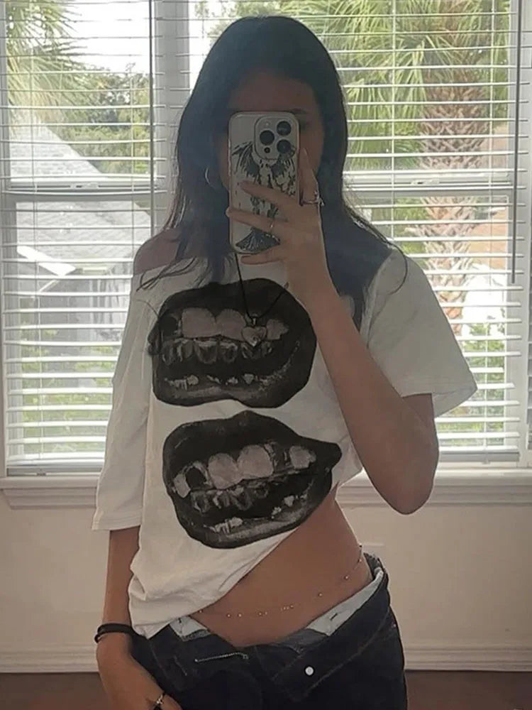 American Street Hip Hop Mouth Print Loose T-shirt