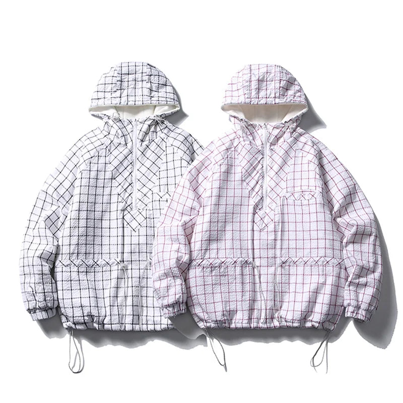 Karierte, dick gefütterte Kapuzen-Windbreaker-Jacke