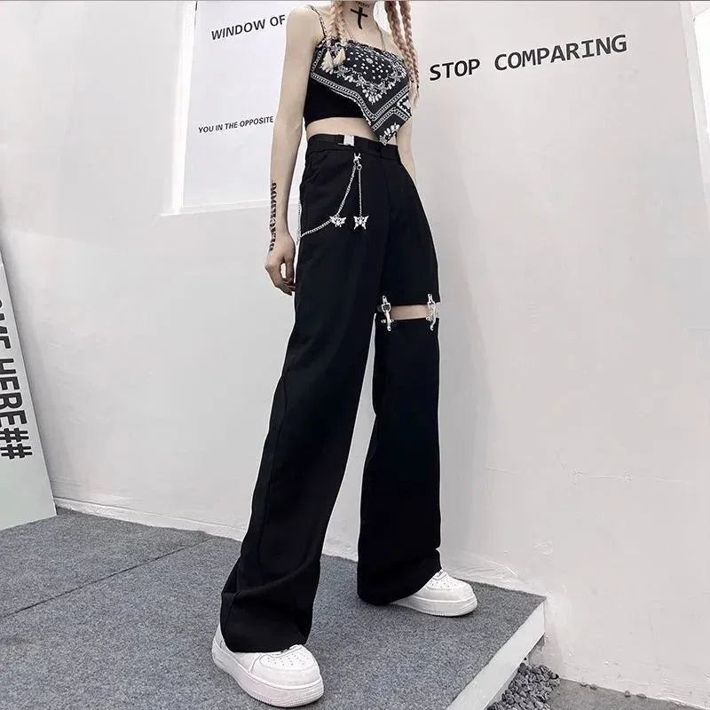 Grunge High Waist Hollow Out Wide Pants
