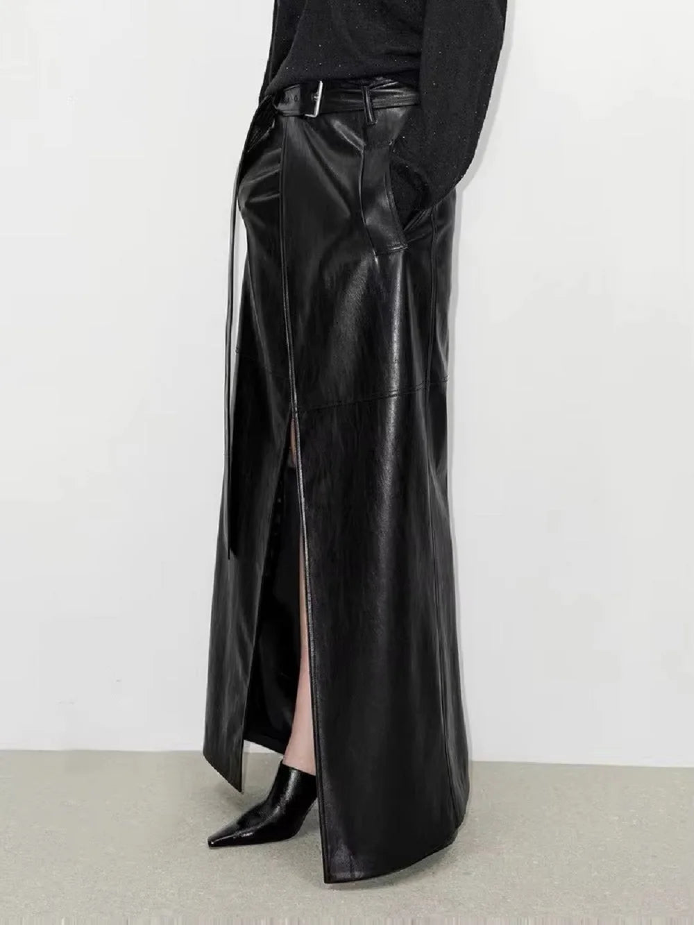 Shiny Black Soft Leather Floor Length Skirt