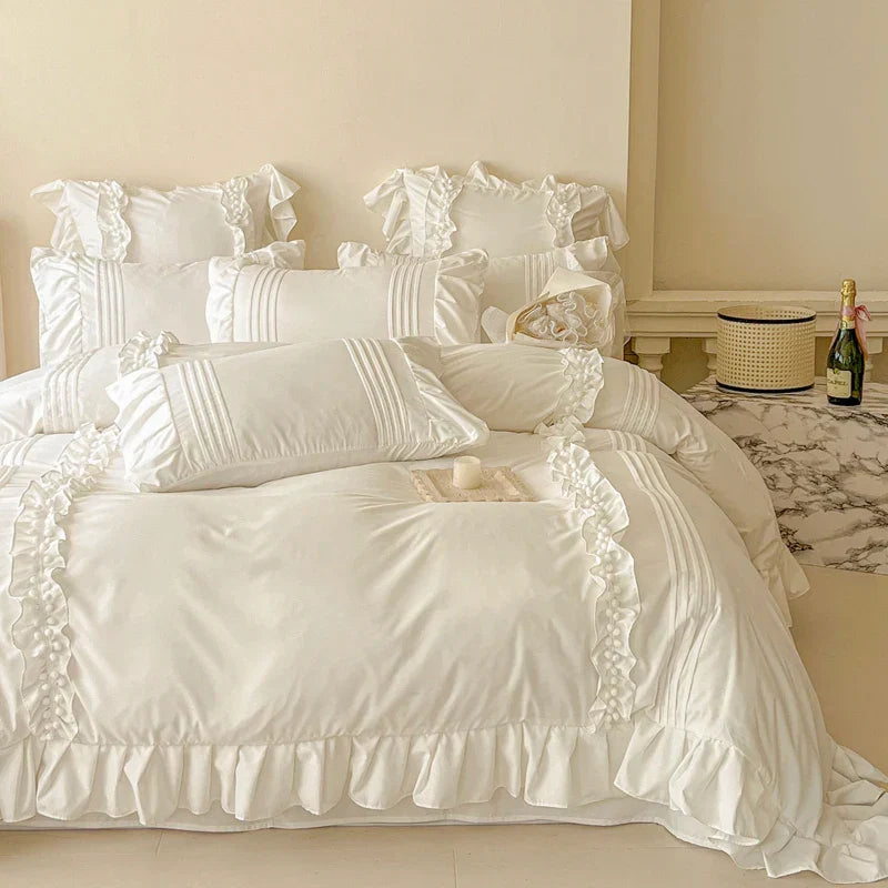Cream White Princess Ruffles Bedding Set