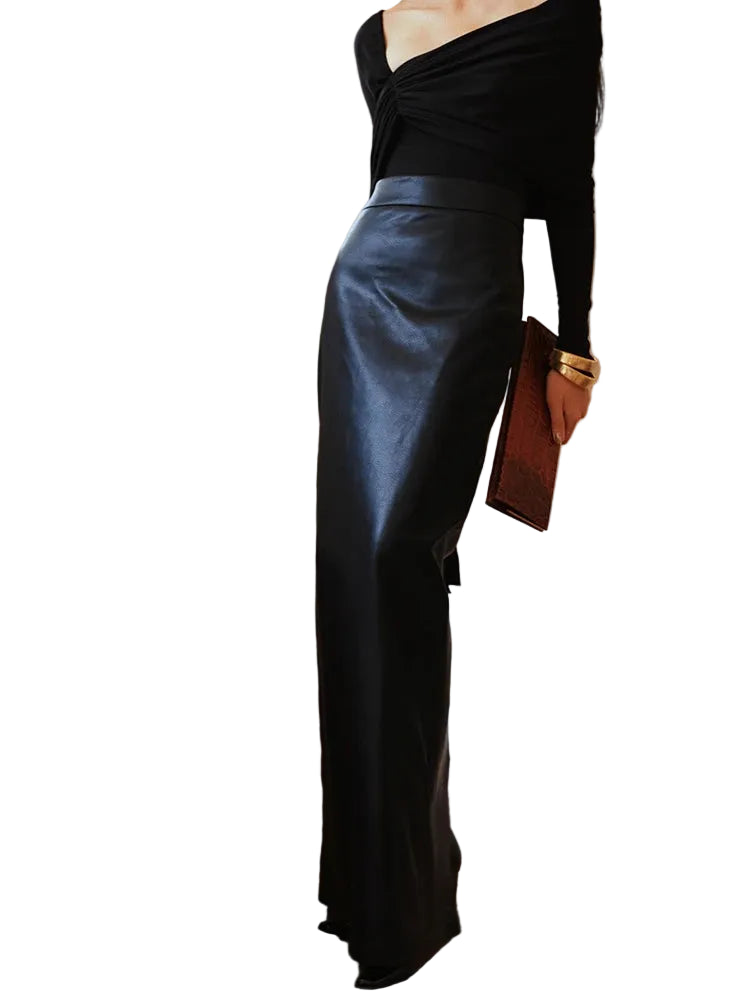 High Waist Extra Long Black Leather Skirt