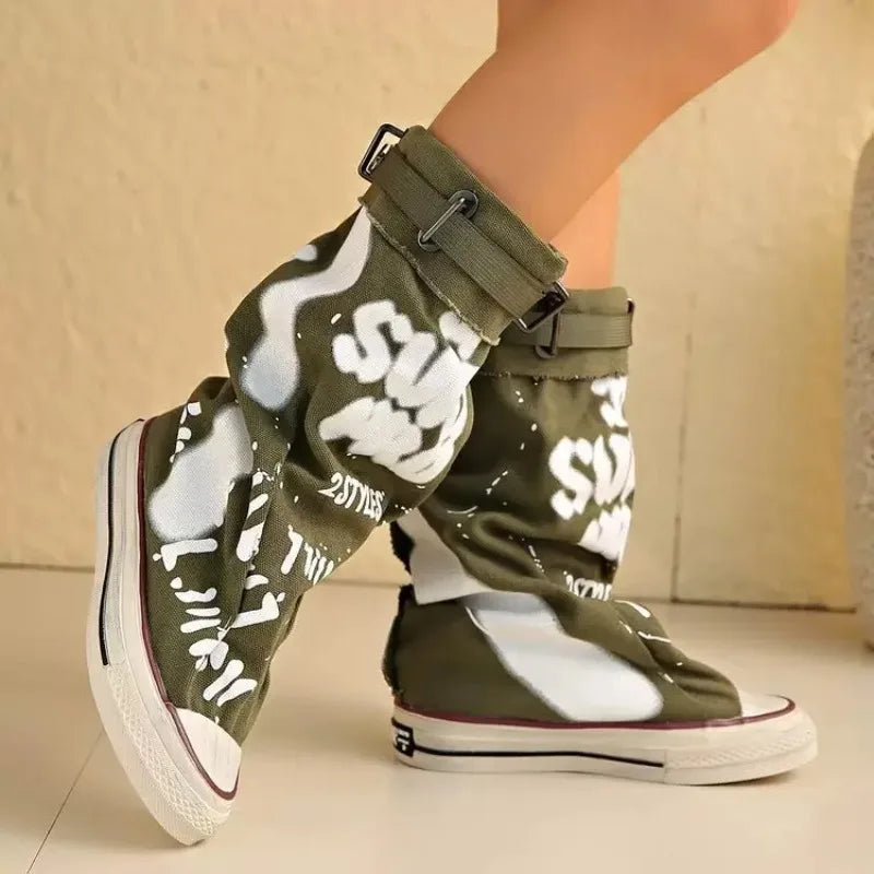 Distressed Breathable Canvas Mid-Calf Boots
