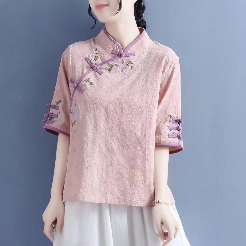 Chinese Style Embroidered Linen Shirt