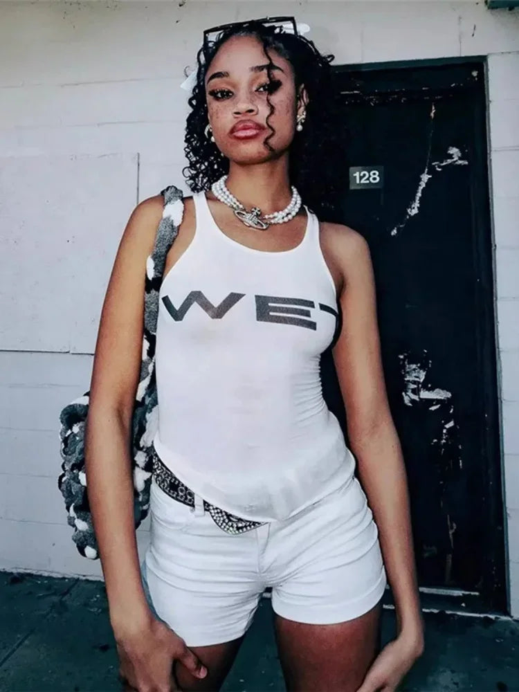White Crop Top Letters Printing Y2k